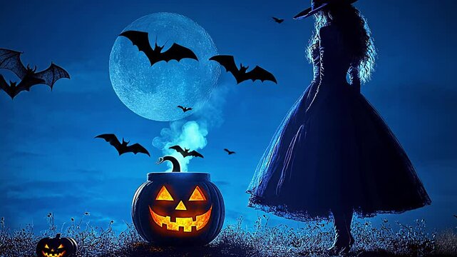 A mysterious witch stands beside a glowing pumpkin, stirring a potion as bats flutter in the air under the enchanting full moon, evoking Halloween magic.