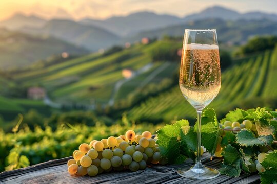 A glass filled with sparkling wine stands on a rustic table next to fresh grapes. The backdrop features lush vineyards under a warm sunset glow, creating a serene and inviting atmosphere