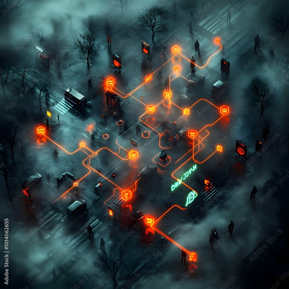 Poster conceptual representation of an intelligent transportation network showcasing interconnected hubs of