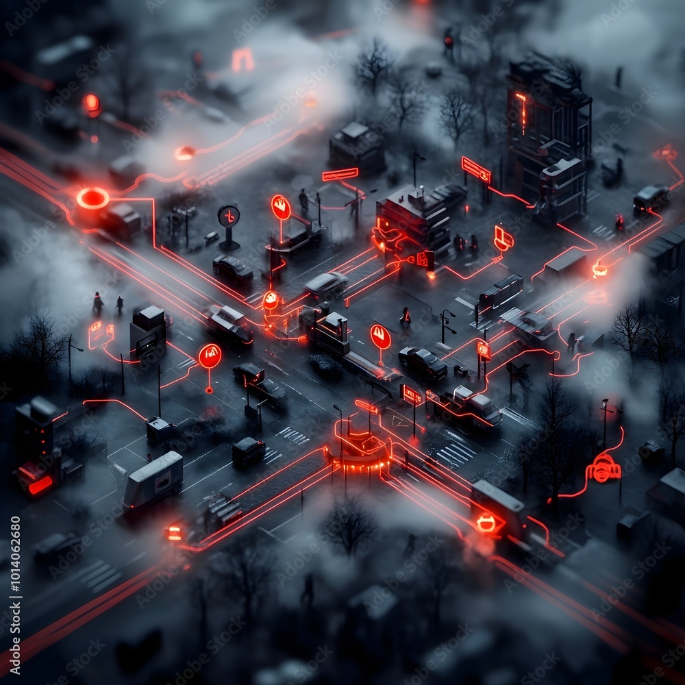 Poster conceptual representation of an interconnected intelligent transportation network with luminescent n