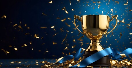 Golden trophy on a blue background, featuring a blue ribbon and confetti, representing success in business and competition. copy space