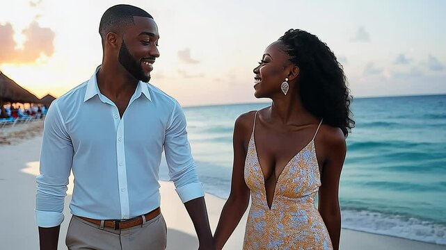 A couple walks hand in hand along a picturesque beach, enjoying each other's company as the sun sets over the tranquil waters in a tropical destination.