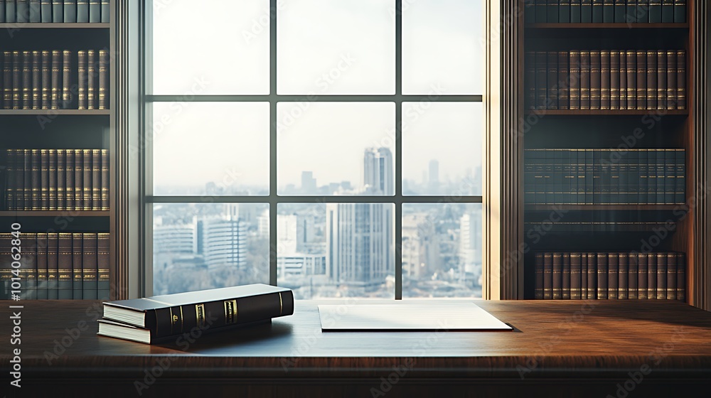 Poster a desk with books and a blank paper sits in front of a window overlooking a city.