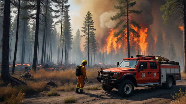 International aid is mobilized to assist in firefighting efforts, with teams from around the world coming together to combat the devastating wildfire and save the forest, Generative AI