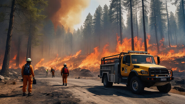 International aid is mobilized to assist in firefighting efforts, with teams from around the world coming together to combat the devastating wildfire and save the forest, Generative AI