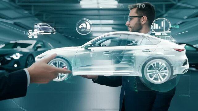 Car hologram futuristic hologram EV cars dealer engineer showroom hangar electric vehicle interactive automobile model development test drive future carbon-free emissions clean energy transportation