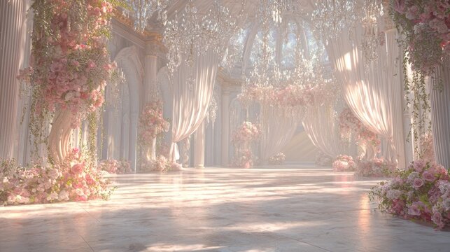 Luxurious Wedding Affair - A Ray Tracing Epic Ballroom with Crystal Chandeliers and Floral Splendor