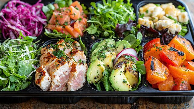 Discover a nutritious meal prep idea filled with grilled chicken, vibrant vegetables, and fresh greens, perfect for a balanced lunch on the go or at home.