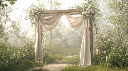 Ray Tracing Epic Wedding Scene - Serene Outdoor Setup with Wooden Arch, Draped Fabric, and Fresh Flowers for Concept Art