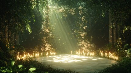 Enchanted Evening Wedding: Ray Tracing Epic Concept Art of Romantic Ceremony Among Candlelight and Greenery