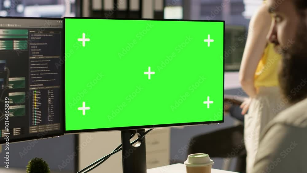 Poster man working with machine learning tech on green screen computer, advancing ai innovating autonomous 