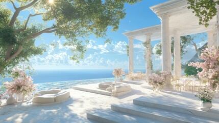 Fototapeta premium Ethereal Elegance: Stunning Ray Tracing Wedding at Luxurious Destination Villa with Ocean Views and Outdoor Seating