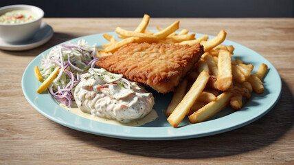 Freshly fried to perfection, the fish on the platter is served with a side of creamy coleslaw and crispy french fries, a classic and satisfying combination, Generative AI