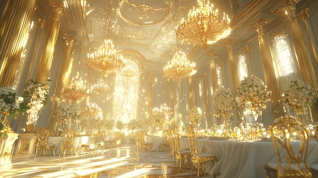 Majestic Ray Tracing Wedding Affair in Luxurious Grand Ballroom with Golden Accents and Ornate Chandeliers