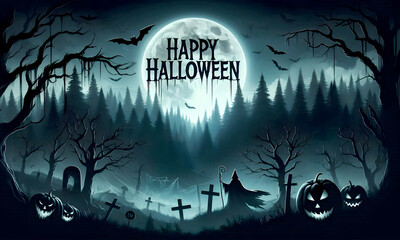 Gruselige Landschaft mit einer Burg und der Schrift "Happy Halloween"