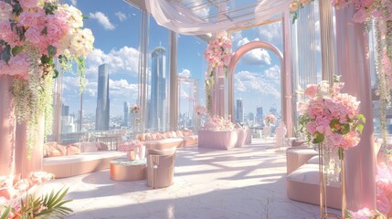 Urban Glamour Wedding: Ray Tracing Art of a Modern Chic Ceremony with Vibrant City Views