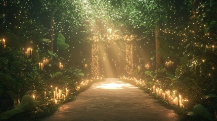 Enchanted Evening Wedding: Ray Tracing Epic Scene with Candlelight and Fairy Lights in Lush Greenery Setting