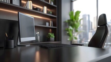 Fototapeta premium Stylish business interior with a CEO desk near a panoramic window, modern PC setup, and a sleek shelf