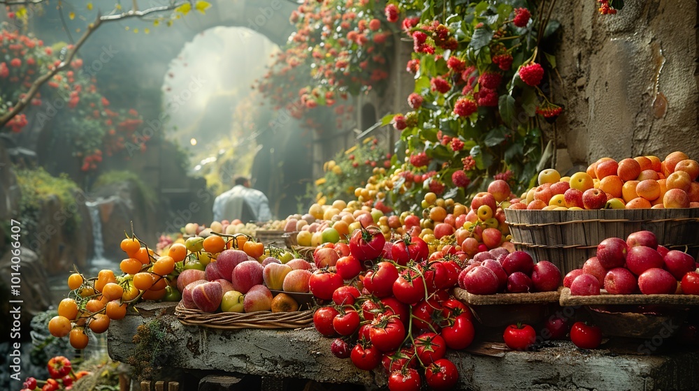 Canvas Prints Vibrant Still Life of Fresh Fruits: Tomatoes, Apples, and Plums