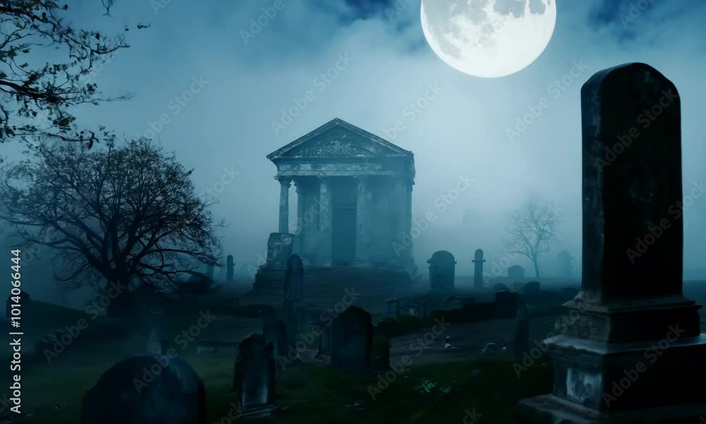 Poster graveyard with a large moon in the sky. the cemetery is surrounded by trees and fog. the atmosphere 