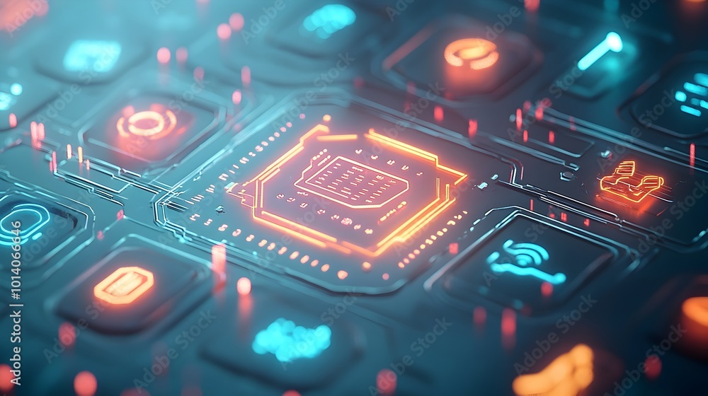 Poster vibrant digital backdrop with overlapping technology icons and binary code futuristic neon lit inter