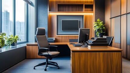 Stylish CEO office interior showcasing a well-organized desk with a PC desktop, a shelf near the window, and a mockup frame