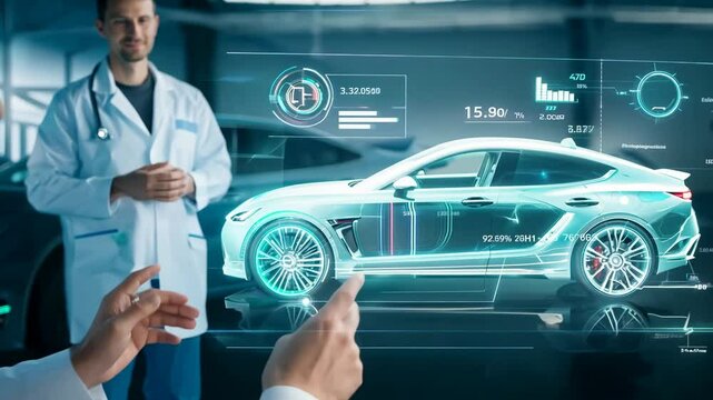 Car hologram futuristic hologram EV cars dealer engineer showroom hangar electric vehicle interactive automobile model development test drive future carbon-free emissions clean energy transportation