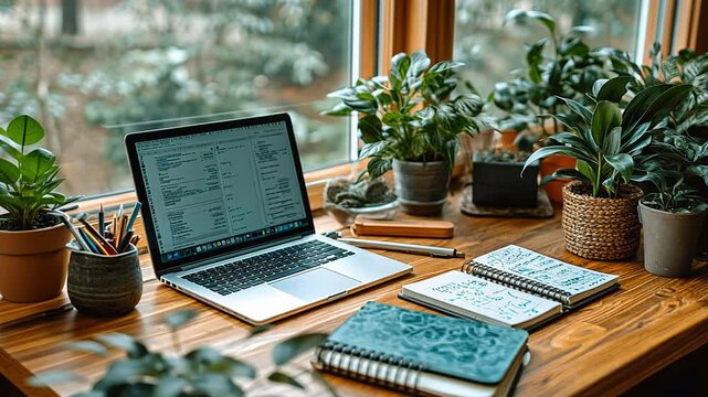A warm and inviting workspace features a laptop, various notebooks, and lush plants, creating a productive environment in a serene setting.