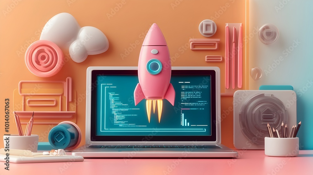 Poster visionary 3d rendered startup concept featuring a sleek laptop futuristic rocket icon high tech prog