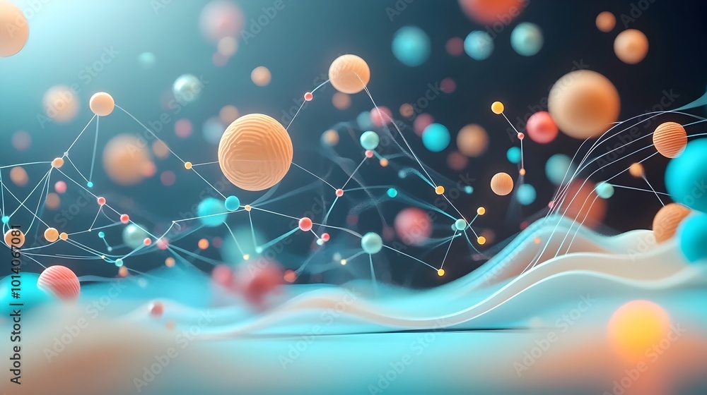 Poster vibrant digital data visualization featuring dynamic abstract shapes flowing data particles layered 