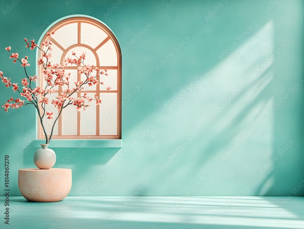 Poster teal toned moody 3d studio room with product podium mockup empty floor and wall with soft lighting s