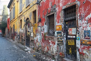 This narrow street in a historic district features colorful, weathered walls adorned with graffiti. Trash is scattered along the ground, highlighting urban decay and local character