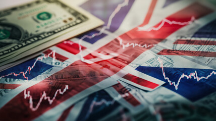 Dynamic union jack background highlighting financial market trends with colorful graphs and data analysis symbols