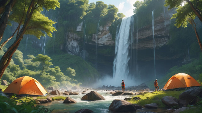 At the foot of a majestic waterfall, hikers pitch their tents amidst lush greenery, lulled to sleep by the soothing sound of cascading water, Generative AI