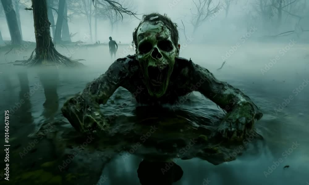Poster man is walking through a foggy forest. the trees are bare and the sky is cloudy. the atmosphere is e