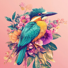 Obraz premium A beautiful illustration of an exotic bird surrounded by flowers, pink background with intricate floral patterns.