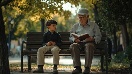 Fototapeta premium An elderly man reads a book to a young boy on a park bench under falling autumn leaves
