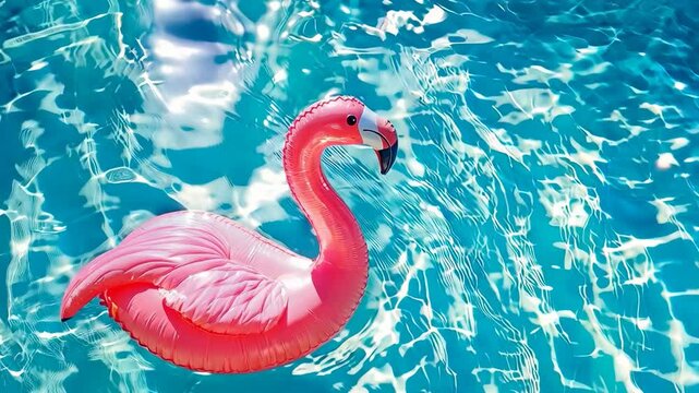 A vividly pink flamingo float drifts leisurely in a shimmering blue pool under the sunny sky. The sparkling turquoise water and the playful float create a refreshing vibe, perfect for summer fun and