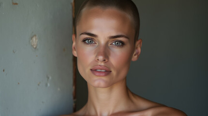 A beauiful fashion model with her head shaved stands in a doorway as she faces the camera. A flawless complexion and warm skin tones. Natural cosmetics.