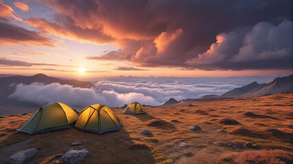 Atop a windswept plateau, trekkers camp beneath a canvas of swirling clouds, their tents anchored against the gusts as they await a breathtaking sunrise, Generative AI
