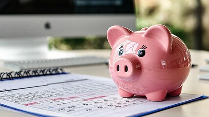 A cute piggy bank sits on a budget planner as sunlight filters in. The planner outlines monthly expenses, encouraging better financial management.