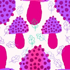 Cartoon autumn harvest seamless Halloween mushrooms pattern