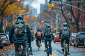 Obraz premium A group of cyclists rides down a city street, framed by colorful autumn trees and parked cars, creating a vibrant urban scene on a cool day