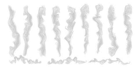 Realistic smoke on a transparent background. Steam rises into the air. Vector set
