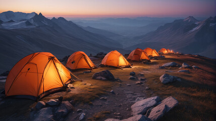 Atop a windswept ridge, mountaineers huddle in bivouac sacks, their makeshift shelters providing refuge from the biting wind as they await the dawn, Generative AI