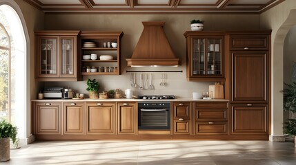 Stylish home kitchen interior with wooden cooking cabinets and a panoramic window, showcasing a modern and elegant cooking space