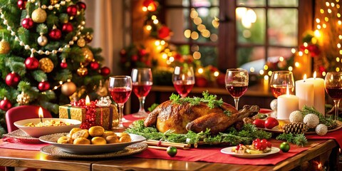 Christmas tree adorned with ornaments and presents wrapped in festive paper under warm lights during the holiday season