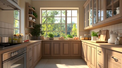 Stylish home kitchen interior with wooden cooking cabinets and a panoramic window, showcasing a modern and elegant cooking space