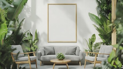 Bright and airy living room featuring a plush gray sofa, two small armchairs, wooden center table, indoor plants on both sides, and a blank frame ready for artwork.