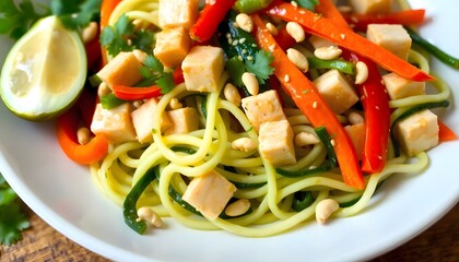 Delicious Zoodle Stir-Fry with Tofu, Bell Peppers, and Peanut Sauce, a Healthy and Tasty Meal